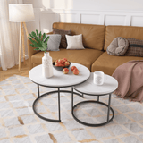 Nesting Coffee Table Set of 2, 27.6inch Round Coffee Table Industrial Wood Finish with Sturdy Metal Frame, End Table Side Tables for Living Room Bedroom Balcony Yard