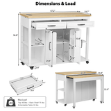 47 inch Kitchen Island with Extendable Dining Table, Rubber Wood Veneer Kitchen Table with Internal Storage Rack, Power Outlet, Kitchen island with Storage 2 Drawers 2 Cabinet
