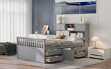 Full Size Captain Platform Bed Frame with Storage Bookcases and Shelves,Four Drawers,Gray