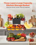 VEVOR 3 Tier Fruit Basket, Countertop Fruits Vegetable Bowl with Banana Hangers and Side Storage Basket, Metal Wire Storage Stand for Kitchen Counter, Holder Organizer for Bread Snack Veggies, Black