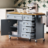 52" Kitchen Island with Drop Leaf, Embossed Texture Kitchen Island on Wheels with Spice Rack, Towel Rack, 2 Doors and 5 Drawers, Kitchen Storage Cart with Adjustable Shelf for Kitchen
