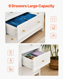 VEVOR 9 Drawer Dresser, Wooden Chest of Drawers with Sliding and Anti-tip Device, Retro Minimalist Dresser Chest, Closet Storage TV Stand Organizer for Living Room, Hallway, Bedroom, Entryway, White