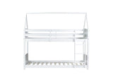 Twin Over Twin House Floor Bunk Bed with Headboards, Footboards and Guardrails, Ladder, Rubber Wood Bunk Bed with Safety Guardrails,White