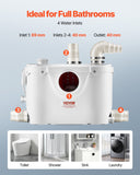 VEVOR Macerator Pump, 500W, 29 GPM Flow, 26 ft/8 m Head, Macerator Sewerage Toilet Pump with 4 Water Inlets, Waste Water Disposal Upflush Machine for Toilet, Basement, Shower, Sink, Laundry, Bathtub