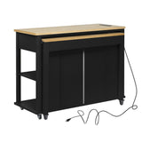 47 inch Kitchen Island with Extendable Dining Table, Rubber Wood Veneer Kitchen Table with Internal Storage Rack, Power Outlet, Kitchen island with Storage 2 Drawers 2 Cabinet