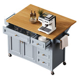 52" Kitchen Island with Drop Leaf, Embossed Texture Kitchen Island on Wheels with Spice Rack, Towel Rack, 2 Doors and 5 Drawers, Kitchen Storage Cart with Adjustable Shelf for Kitchen