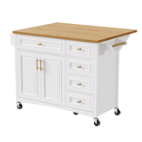 52" Kitchen Island with Drop Leaf, Embossed Texture Kitchen Island on Wheels with Spice Rack, Towel Rack, 2 Doors and 5 Drawers, Kitchen Storage Cart with Adjustable Shelf for Kitchen