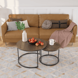 Nesting Coffee Table Set of 2, 27.6inch Round Coffee Table Industrial Wood Finish with Sturdy Metal Frame, End Table Side Tables for Living Room Bedroom Balcony Yard
