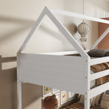 Twin Over Twin House Floor Bunk Bed with Headboards, Footboards and Guardrails, Ladder, Rubber Wood Bunk Bed with Safety Guardrails,White