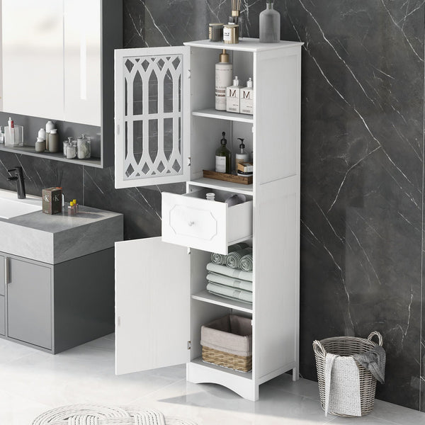 Tall Bathroom Cabinet, Freestanding Storage Cabinet with Drawer and Doors, MDF Board, Acrylic Door, Adjustable Shelf