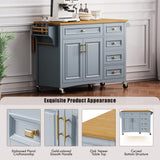 52" Kitchen Island with Drop Leaf, Embossed Texture Kitchen Island on Wheels with Spice Rack, Towel Rack, 2 Doors and 5 Drawers, Kitchen Storage Cart with Adjustable Shelf for Kitchen