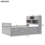 Full Size Captain Platform Bed Frame with Storage Bookcases and Shelves,Four Drawers,Gray