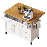 52" Kitchen Island with Drop Leaf, Embossed Texture Kitchen Island on Wheels with Spice Rack, Towel Rack, 2 Doors and 5 Drawers, Kitchen Storage Cart with Adjustable Shelf for Kitchen