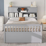Full Size Captain Platform Bed Frame with Storage Bookcases and Shelves,Four Drawers,Gray