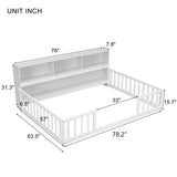 Full Floor Bed with Side Bookcase,Shelves,Guardrails,White
