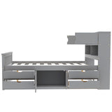 Full Size Captain Platform Bed Frame with Storage Bookcases and Shelves,Four Drawers,Gray