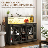 Versatile 55" Coffee Bar Cabinet with Ambient Lighting - Rustic Wine Rack and Glass Holder Perfect for Dining Room and Kitchen Spaces