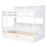 Twin Size Bunk Bed with Built-in Shelves Beside both Upper and Down Bed and Storage Drawe