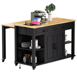 47 inch Kitchen Island with Extendable Dining Table, Rubber Wood Veneer Kitchen Table with Internal Storage Rack, Power Outlet, Kitchen island with Storage 2 Drawers 2 Cabinet