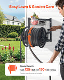 VEVOR Wall Mounted Garden Hose Reel, Holds 125 ft 5/8-inch Hose, Heavy-Duty Water Hose Winder, Space-Saving Design, Outdoor Manual Reel with Brass Fitting and Storage Basket for Yard Lawn