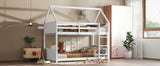 Twin Over Twin House Floor Bunk Bed with Headboards, Footboards and Guardrails, Ladder, Rubber Wood Bunk Bed with Safety Guardrails,White