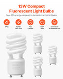 VEVOR 4-Pack CFL Light Bulbs, 13W Compact Fluorescent Spiral Bulbs with 2700K Warm Light, 900lm Luminous Flux, Twist and Lock GU24 Base, Ideal for Bedrooms, Study Rooms, Living Rooms, Commercial Use