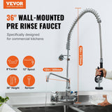 VEVOR Wall-Mounted Brass Kitchen Faucet, 36" Tall, 8" Installation Width, Includes 12" Rotating Spout and Pull-Down Sprayer, Suitable for Single, Double, or Triple Sinks