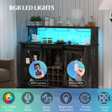 Versatile 55" Coffee Bar Cabinet with Ambient Lighting - Rustic Wine Rack and Glass Holder Perfect for Dining Room and Kitchen Spaces