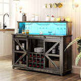 Versatile 55" Coffee Bar Cabinet with Ambient Lighting - Rustic Wine Rack and Glass Holder Perfect for Dining Room and Kitchen Spaces