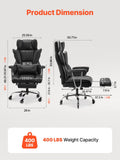 VEVOR Executive Office Chair with Footrest, 400lb Capacity Office Chair with Lumbar Pillow & Removable Armrests, Heavy Duty Ergonomic Chair, PU Leather Reclining Home Office Desk Chairs, Black