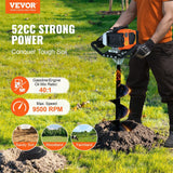 VEVOR Post Hole Digger Gas Powered, 52CC 1450W Earth Auger, Gas Auger with 8' Auger Drill Action Design Bits & 1 Extension Rod, Post Fence Hole Digger for Farmland Garden Plant, Orange+Black