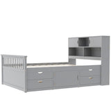Full Size Captain Platform Bed Frame with Storage Bookcases and Shelves,Four Drawers,Gray