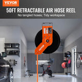 VEVOR Retractable Air Hose Reel, 3/8 IN x 50 FT Hybrid Air Hose Max 300PSI, Air Compressor Hose Reel with 5 In Lead in, Ceiling / Wall Mount Heavy Duty Double Arm Steel Reel