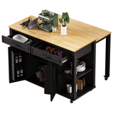 47 inch Kitchen Island with Extendable Dining Table, Rubber Wood Veneer Kitchen Table with Internal Storage Rack, Power Outlet, Kitchen island with Storage 2 Drawers 2 Cabinet