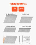 VEVOR 16 Gauge Finish Nails, 20-Degree Angled Finishing Nails, 2000-Count (2-1/2 in, 2 in, 1-1/2 in, 1-1/4 in, 500 Per Size) Finishing Nail, Galvanized Brad Nail, for 16GA 20° Angled Finish Nailers