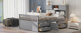 Full Size Captain Platform Bed Frame with Storage Bookcases and Shelves,Four Drawers,Gray