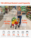VEVOR Folding Shopping Cart, Jumbo Grocery Cart with Double Baskets, 360° Swivel Wheels, Heavy Duty Utility Cart, 110 LBS Large Capacity Utility Cart for Laundry, Shopping, Grocery, Luggage
