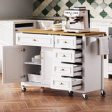 52" Kitchen Island with Drop Leaf, Embossed Texture Kitchen Island on Wheels with Spice Rack, Towel Rack, 2 Doors and 5 Drawers, Kitchen Storage Cart with Adjustable Shelf for Kitchen