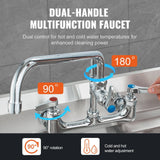 VEVOR Wall-Mounted Brass Kitchen Faucet, 36" Tall, 8" Installation Width, Includes 12" Rotating Spout and Pull-Down Sprayer, Suitable for Single, Double, or Triple Sinks