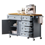 52" Kitchen Island with Drop Leaf, Embossed Texture Kitchen Island on Wheels with Spice Rack, Towel Rack, 2 Doors and 5 Drawers, Kitchen Storage Cart with Adjustable Shelf for Kitchen