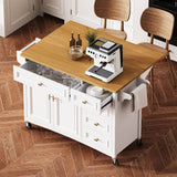 52" Kitchen Island with Drop Leaf, Embossed Texture Kitchen Island on Wheels with Spice Rack, Towel Rack, 2 Doors and 5 Drawers, Kitchen Storage Cart with Adjustable Shelf for Kitchen
