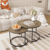 Nesting Coffee Table Set of 2, 27.6inch Round Coffee Table Industrial Wood Finish with Sturdy Metal Frame, End Table Side Tables for Living Room Bedroom Balcony Yard