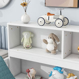 Full Floor Bed with Side Bookcase,Shelves,Guardrails,White