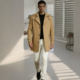 Men's Mid-Length Trench Coat - European American Style Solid Color Single-Breasted Casual Jacket for Daily Wear