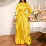 Sexy V-neck Bow Long Sleeve Top Elegant Pleated Wide Leg Trousers Suit