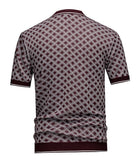 Men's Short Sleeve Knit Polo Shirt, Burgundy Diamond Geometric Jacquard, Smart Casual Retro Style, Breathable Knitted Top