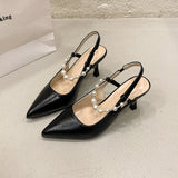 Women French Style Pearl Closed Toe Sandals, 2026 Summer New Pointed Toe Stiletto Backless High Heels, Fairy Style Single Shoes