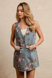 BiBi Floral Print Washed Denim Long Rider Vest