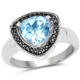 2.06 Carat Genuine Swiss Blue Topaz and Black Diamond .925 Sterling Silver Ring
