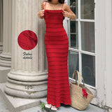Womens Casual Solid-Color Ruffle-Trimmed Lace Camisole Dress